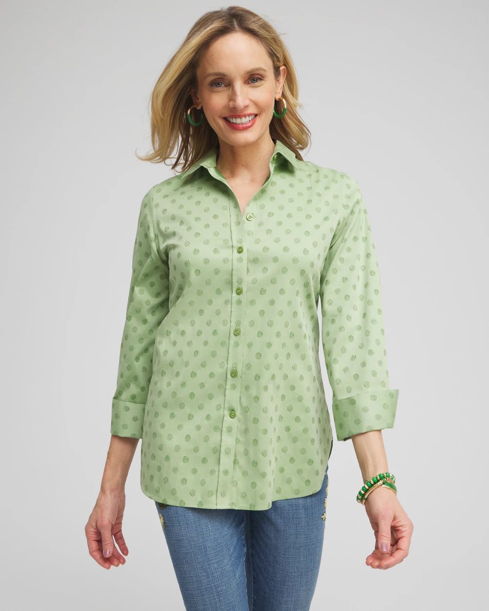 No Iron™ Stretch Dot Print 3/4 Sleeve Shirt | Chico's